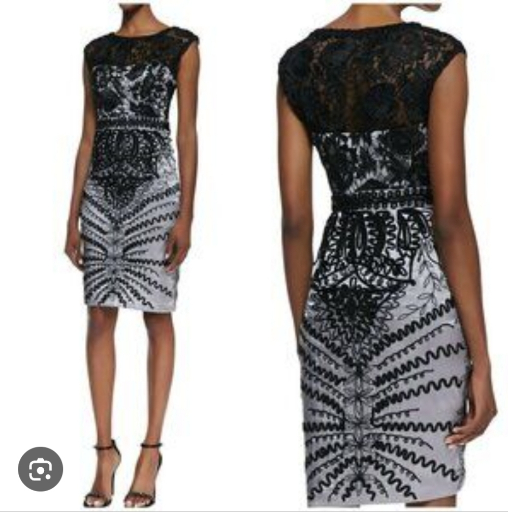 Size 8 Black soutache lace midi cocktail over silver/gray dress lining, Sue Wong